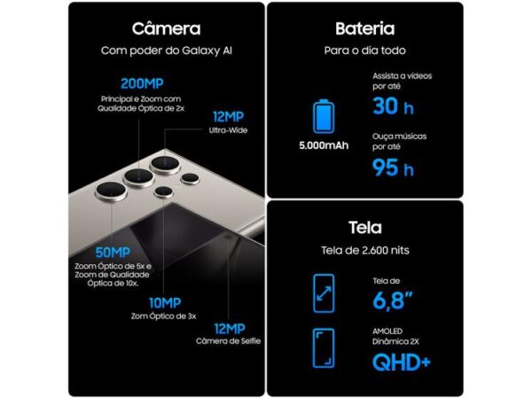 Smartphone Samsung Galaxy S24 Ultra 6,8" Galaxy AI 256GB Titânio Preto 5G 12GB RAM Câm. Quádrupla 200MP + Selfie 12MP Bateria 5000mAh Dual Chip - Image 6